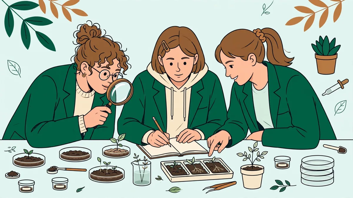 Autour d'une paillasse, des étudiants comparent des échantillons de plantes et de sol, l'un regarde à la loupe pendant qu'une autre note les observations.
