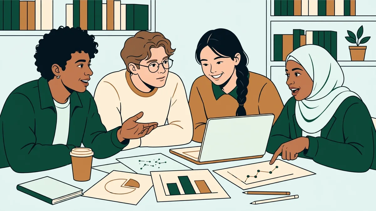 Quatre étudiants assis autour d'une table de bibliothèque avec articles et ordinateur, en pleine discussion animée en anglais.