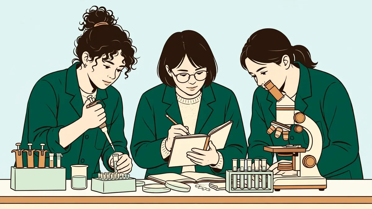 Petit groupe d'étudiants en blouse autour d'une paillasse de biologie, l'une pipette pendant qu'un autre prend des notes et qu'une troisième règle le microscope.