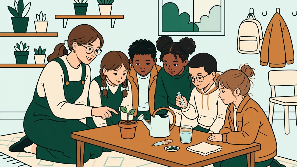 Illustration dessinée : une jeune étudiante accroupie anime une petite expérience avec de l'eau et des plantes devant cinq enfants de primaire attroupés autour d'une table.