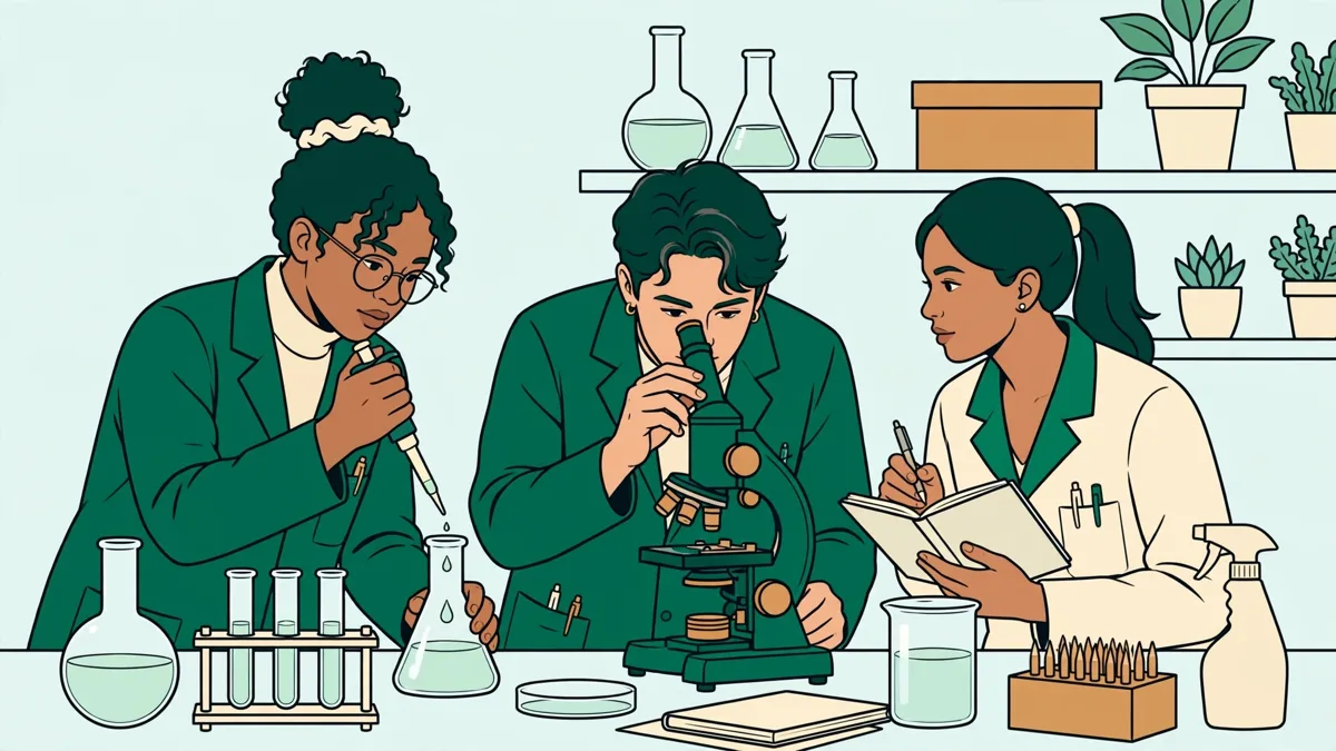 Illustration dessinée : trois étudiantes en blouse autour d'une paillasse de biologie, l'une pipette un tube, une autre règle un microscope, carnets et flacons autour.