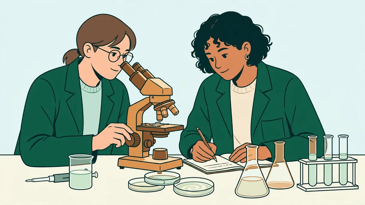 Deux étudiantes en blouse devant un microscope dans un laboratoire de biologie lumineux, l'une réglant la platine pendant que l'autre prend des notes sur un cahier