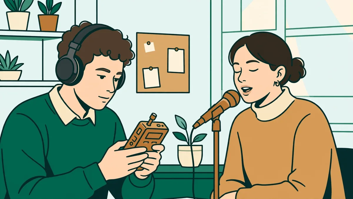 Un étudiant avec un casque enregistre la voix d'une camarade qui parle dans un micro lors d'un exercice d'écoute
