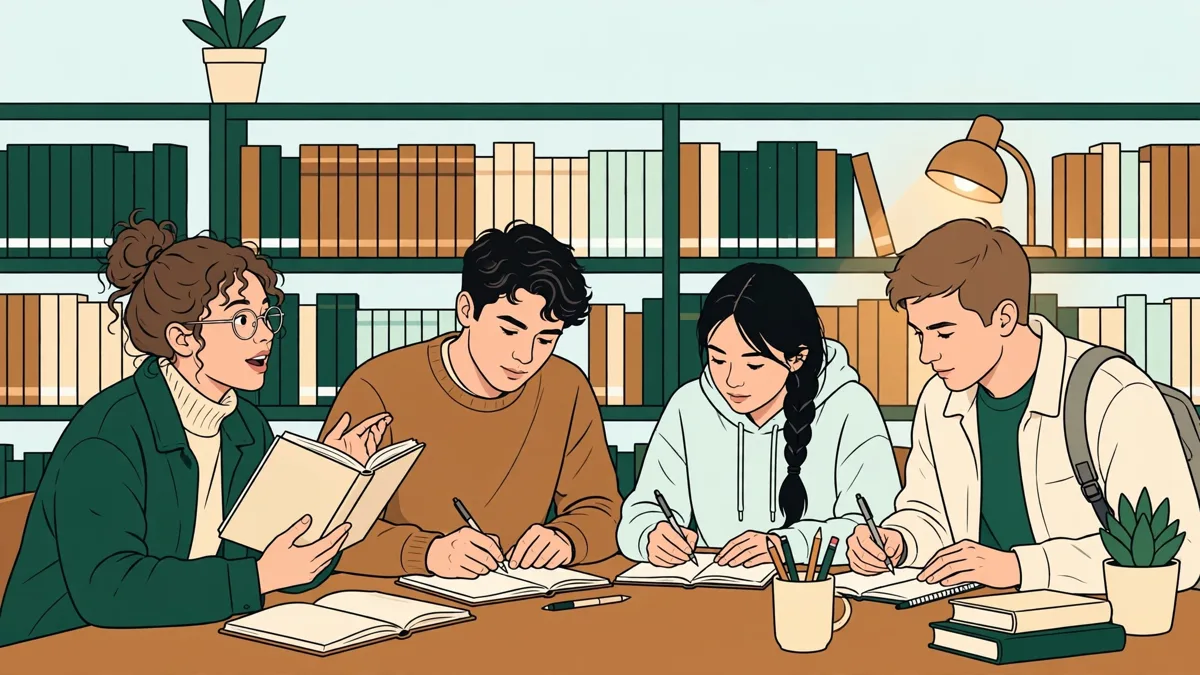 Quatre étudiants qui discutent d'un livre en bibliothèque universitaire et prennent des notes