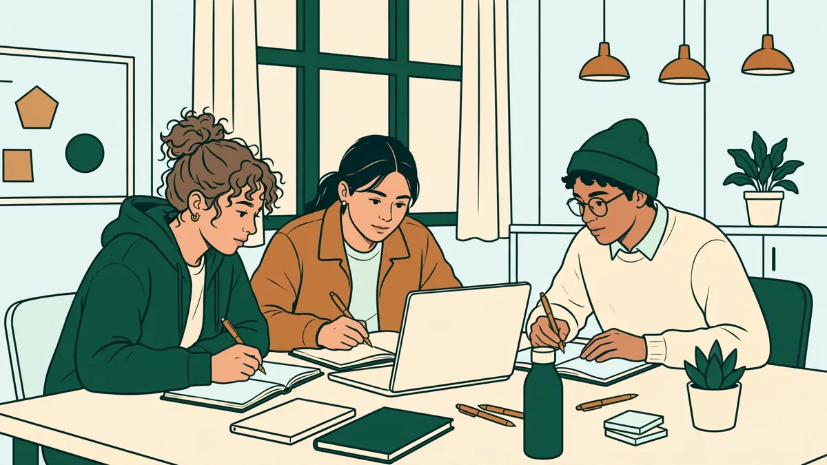 Trois étudiants autour d'une table qui écoutent un enregistrement et annotent une transcription