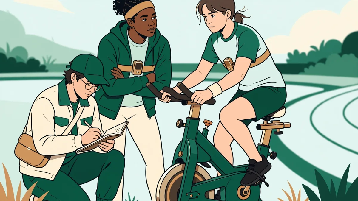 Deux étudiants en tenue de sport réalisent un test d'effort sur vélo avec cardiofréquencemètre pendant qu'une troisième note les résultats sur un carnet.