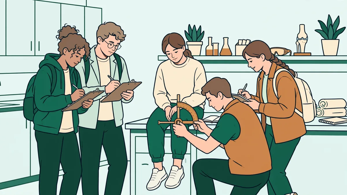 Petit groupe d'étudiants de STAPS mesurant la flexion du genou d'un camarade avec un goniomètre dans une salle claire, les autres prenant des notes.