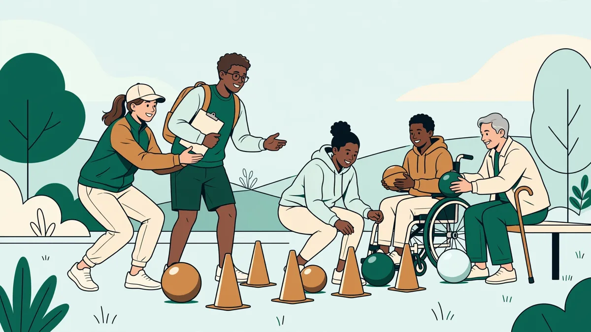 Étudiants animant en extérieur une séance d'activité physique adaptée avec ballons et plots auprès de participants, dans une ambiance encourageante.