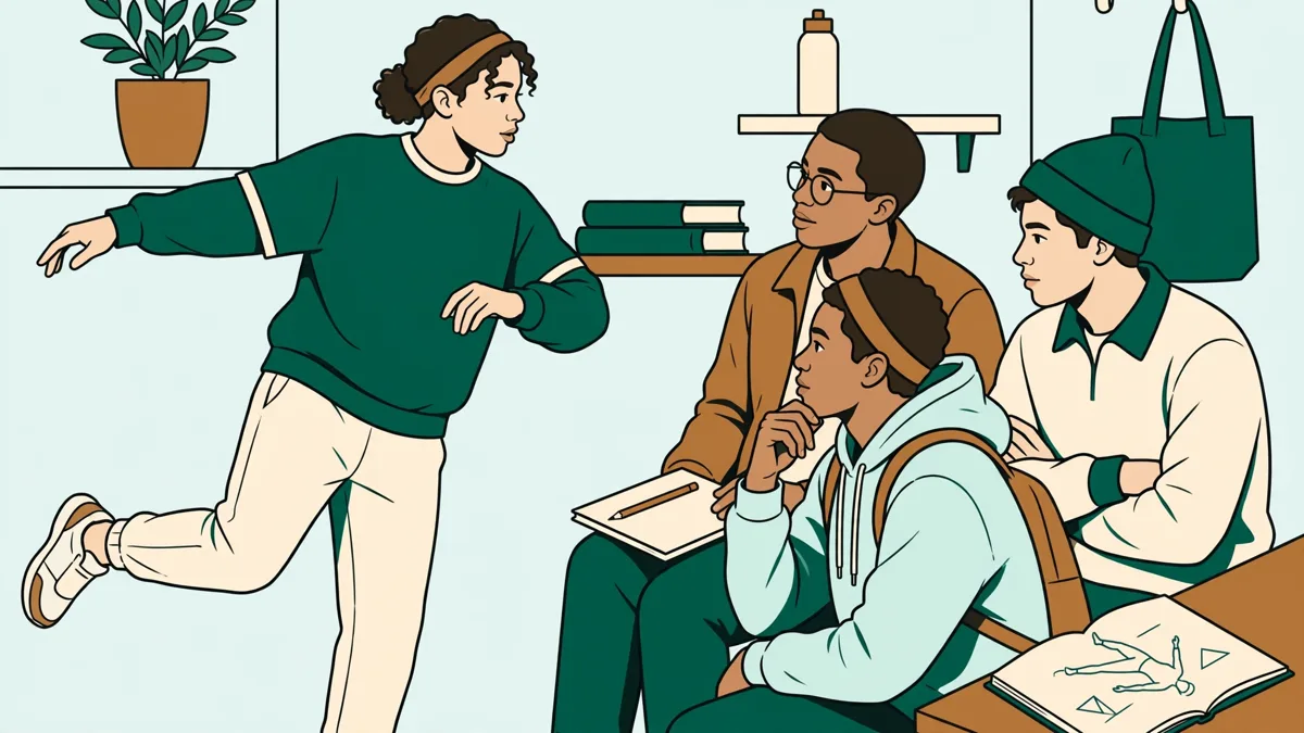 En petit groupe, des étudiants en STAPS analysent un geste dansé, l'un montrant le mouvement pendant que les autres discutent.