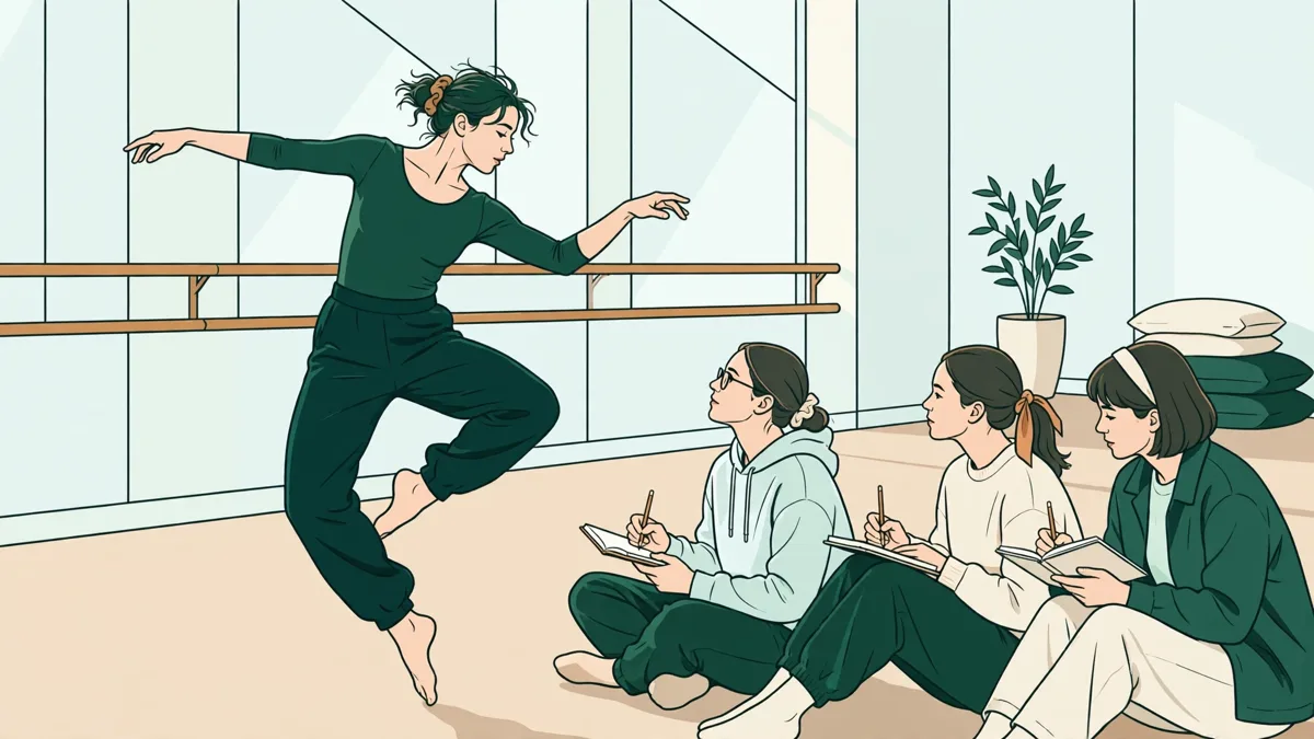 En studio, des étudiants en danse répètent une phrase chorégraphique pendant que d'autres observent et prennent des notes.