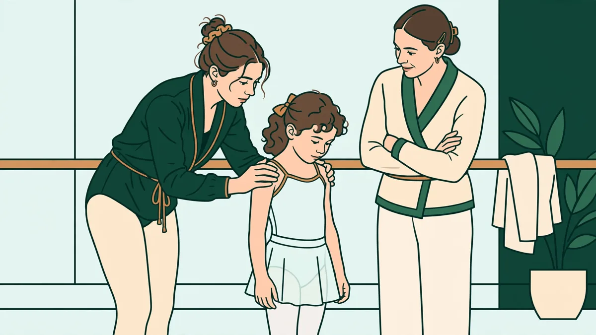 Une étudiante en danse corrige la posture d'un jeune élève dans une salle de cours, genou et dos ajustés, sous l'œil d'une enseignante.