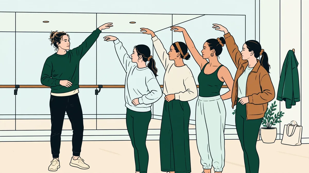 Des étudiants danseurs en répétition dans un studio lumineux, l'une guide un geste du bras pendant que les autres observent et reproduisent le mouvement.