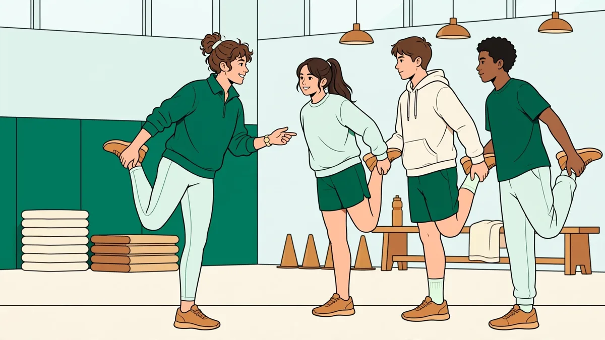 Étudiante de STAPS qui encadre un petit groupe en séance sportive en gymnase