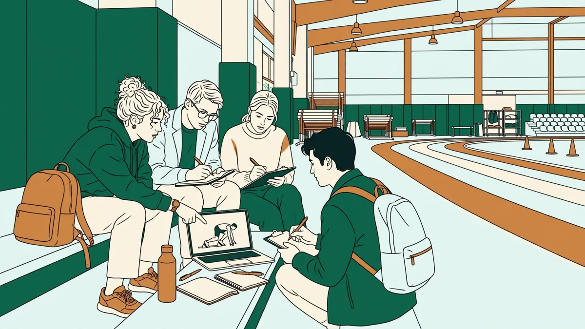 Étudiants en STAPS qui analysent un geste sportif filmé puis discutent autour d'un carnet de mesures
