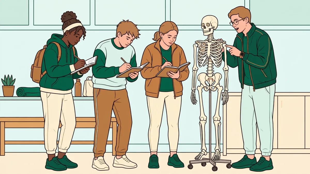 Petit groupe d'étudiants en tenue de sport autour d'un squelette anatomique, l'un montre l'épaule pendant qu'un autre prend des notes