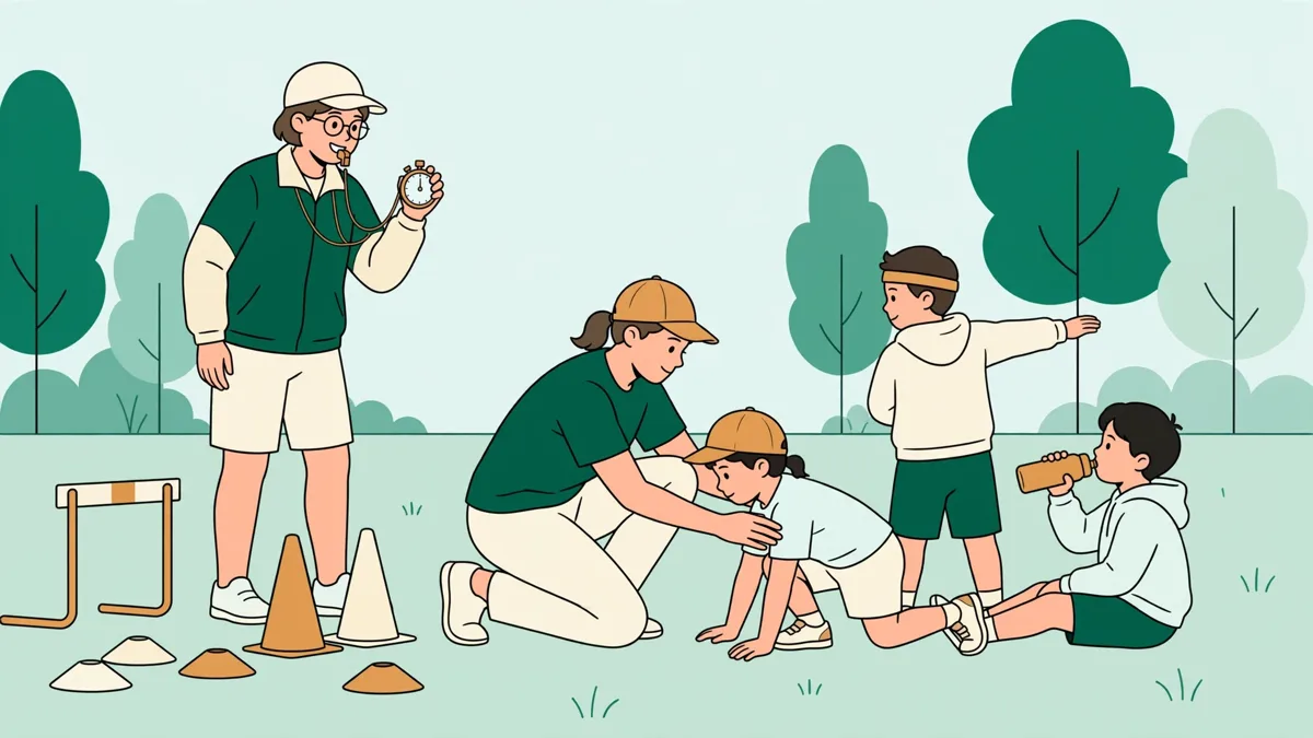 Étudiants en tenue de sport encadrant des enfants lors d'une séance d'athlétisme, l'un chronomètre pendant qu'une autre corrige une posture