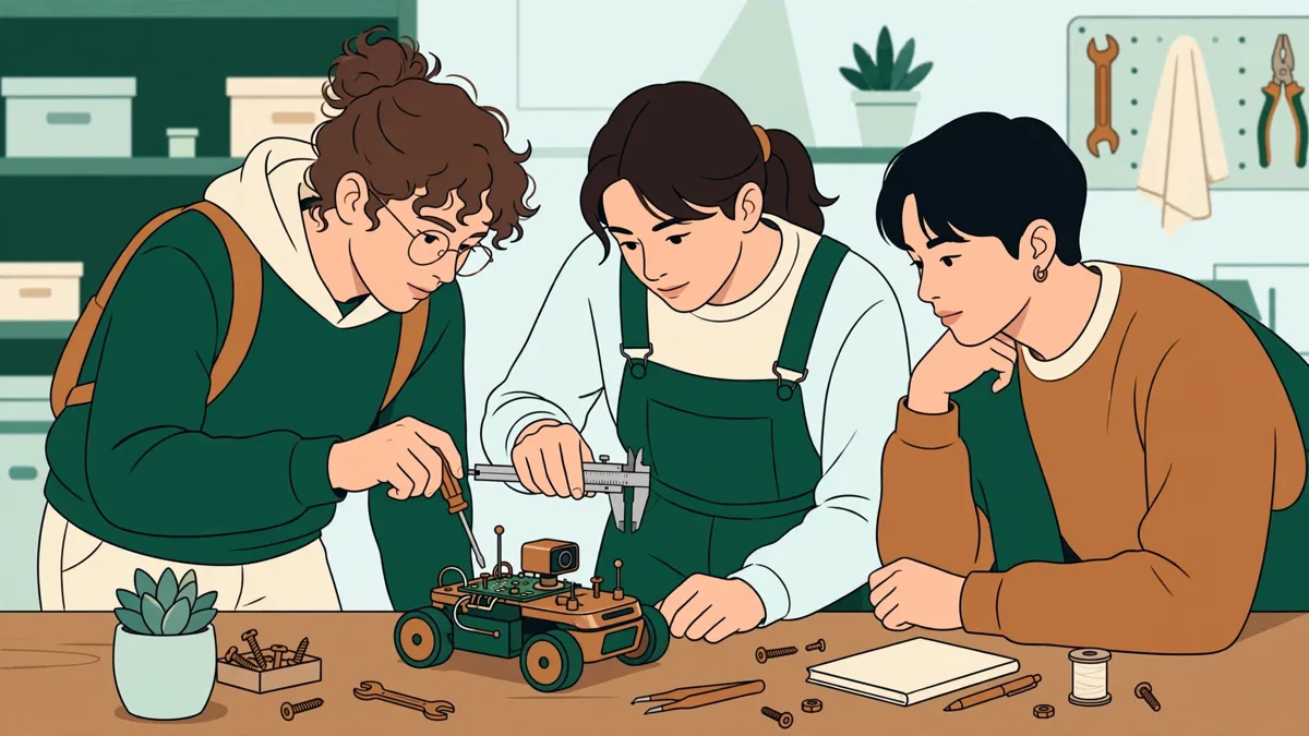 Trois étudiants testant un petit robot mobile sur une table d'atelier, l'une ajustant le robot pendant qu'un autre suit les mesures.