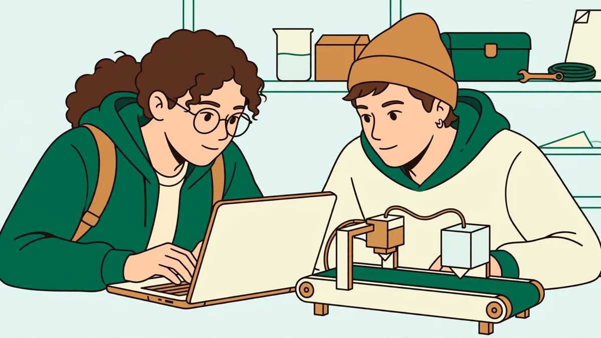 Deux étudiantes devant une maquette d'automatisme avec convoyeur miniature, l'une programme sur un ordinateur portable, l'autre observe un capteur.