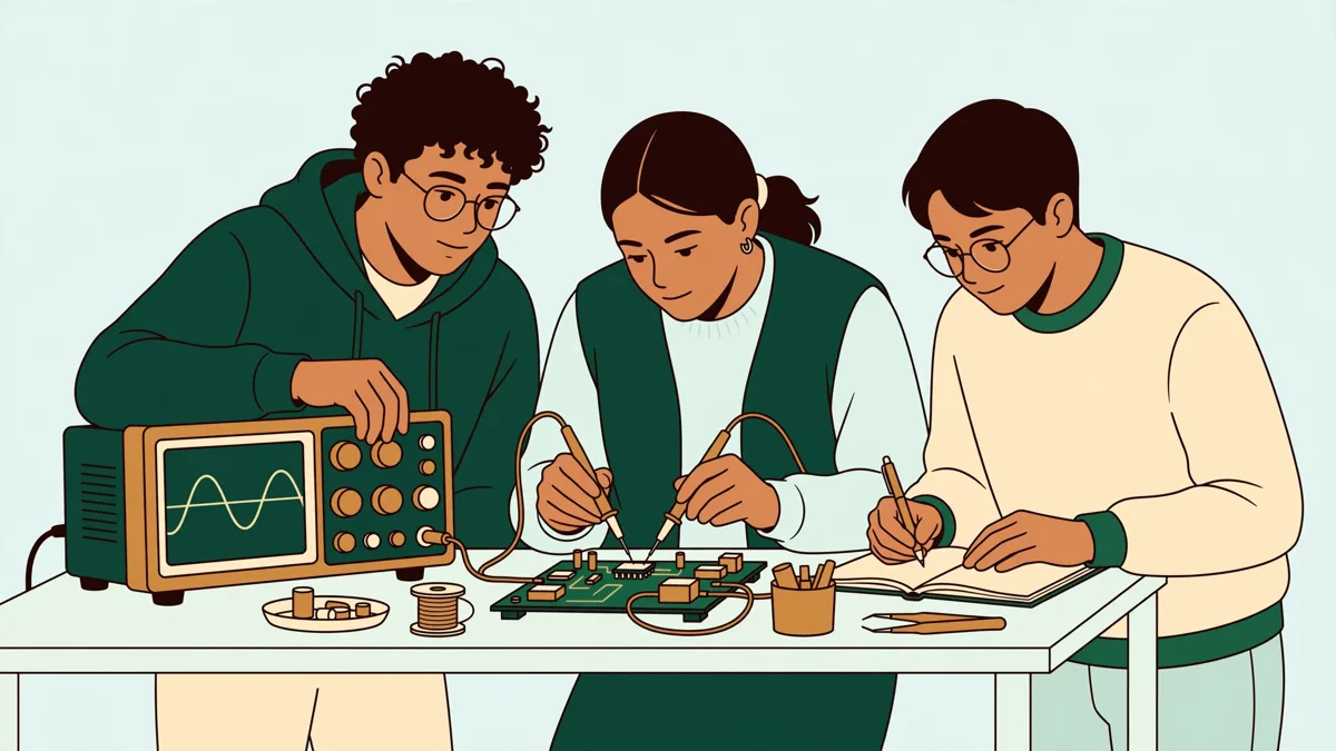 Trois étudiants en TP d'électronique autour d'une paillasse, l'une règle un oscilloscope, un autre tient des cordons de mesure, la troisième note les résultats.