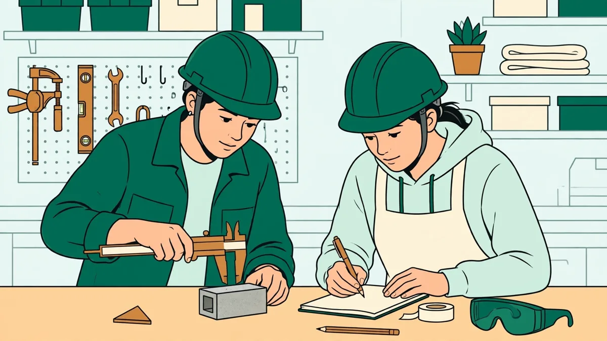 Deux étudiants en casque sur une maquette de structure en béton, l'un prenant des mesures pendant que l'autre note les résultats