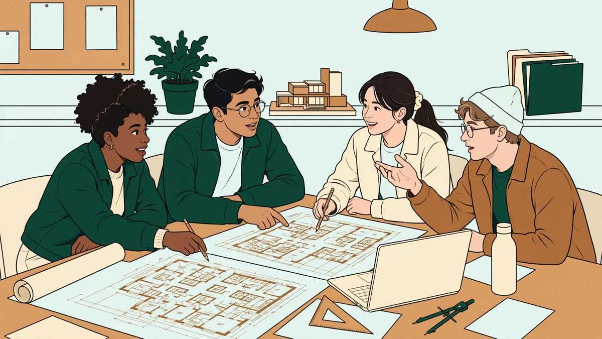 Quatre étudiants autour d'une grande table couverte de plans de bâtiment, discutant et pointant des détails du projet