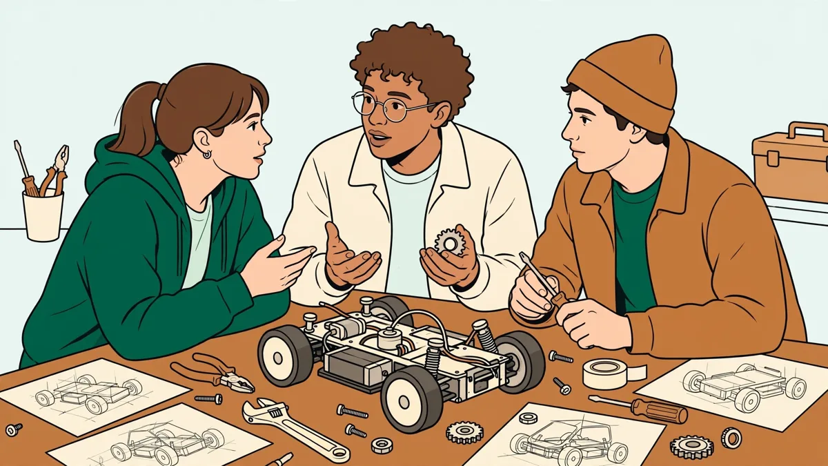 Trois étudiants penchés sur une table qui assemblent une petite maquette de véhicule et discutent autour d'un carnet de croquis.