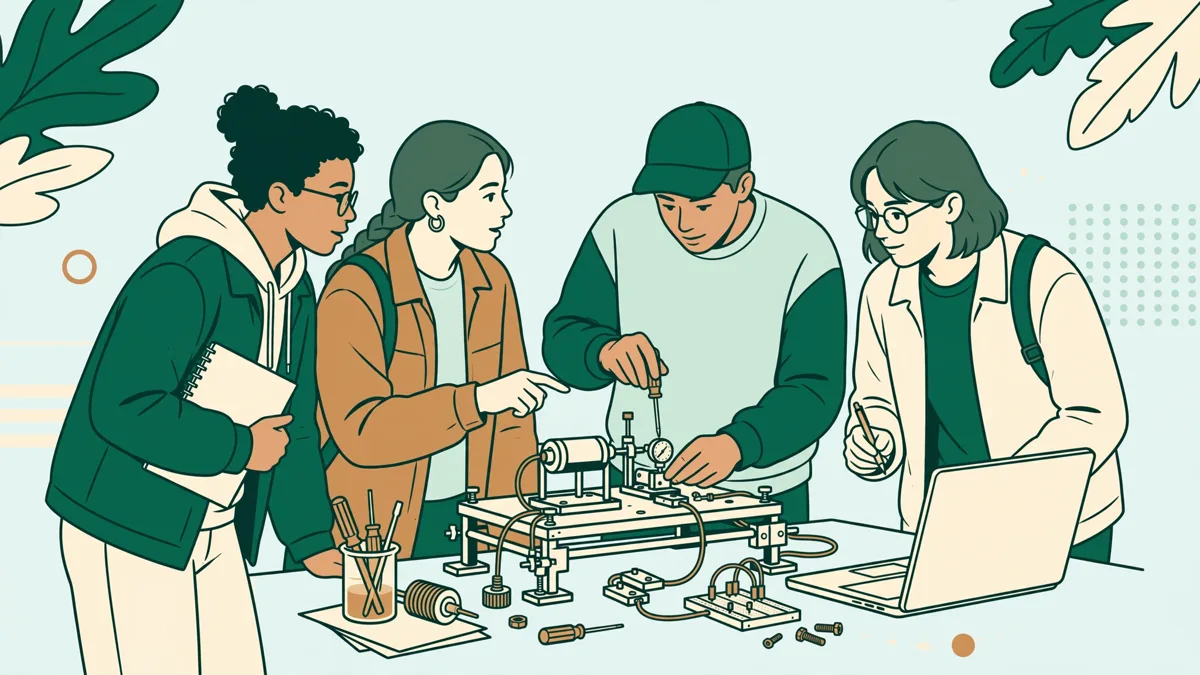 Quatre étudiants autour d'un banc d'essai mécanique, l'un règle un capteur pendant qu'une autre relève des mesures sur un ordinateur portable.