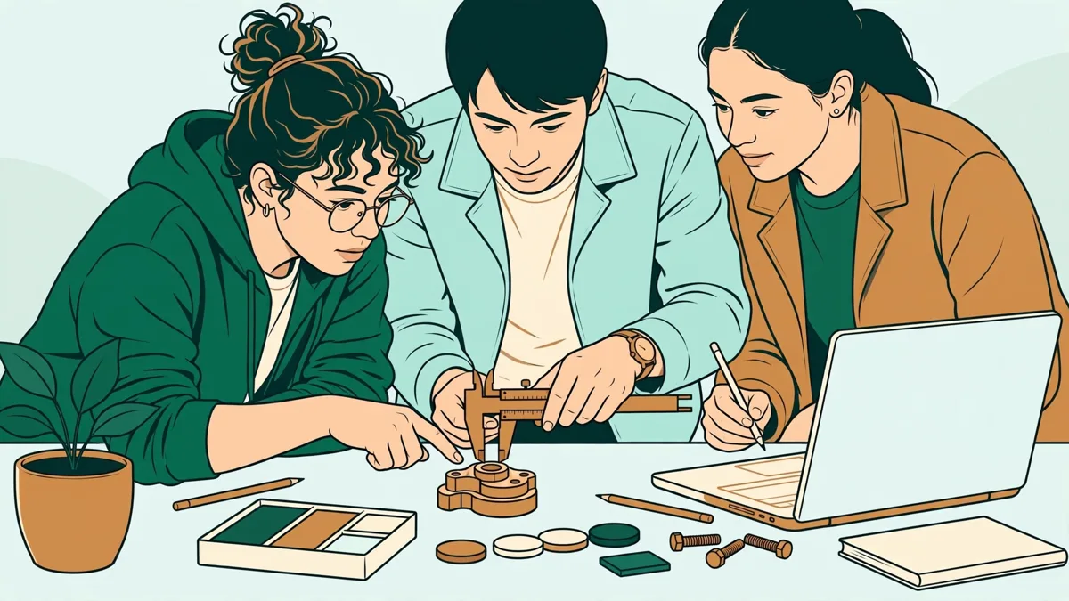 Trois étudiants en action autour d'un établi qui contrôlent une pièce métallique au pied à coulisse avec des échantillons et un ordinateur portable