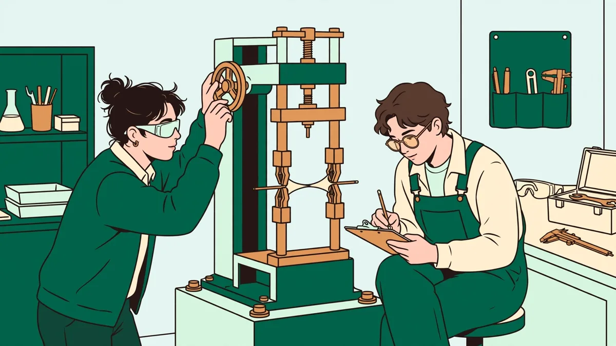 Deux étudiants en action autour d'une machine d'essai de traction qui étire une éprouvette métallique, l'un règle la machine pendant que l'autre note les mesures