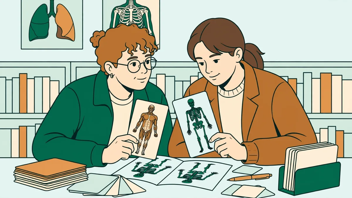 Deux étudiantes qui révisent ensemble avec fiches et schémas d’anatomie à la bibliothèque