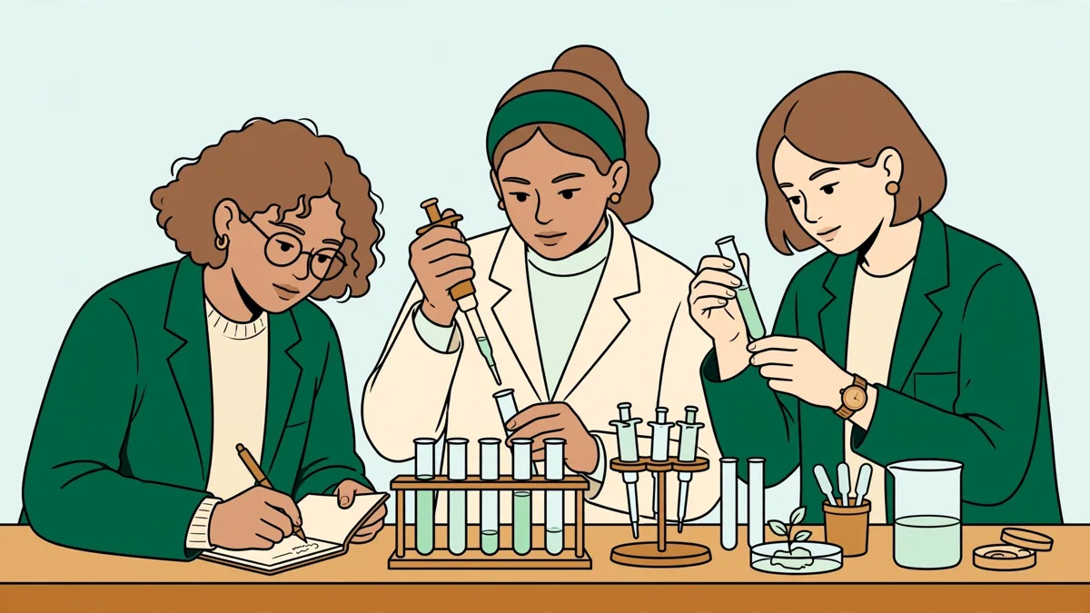Trois étudiants en TP de biologie autour d’une paillasse, pipettes et tubes, l’un note les résultats