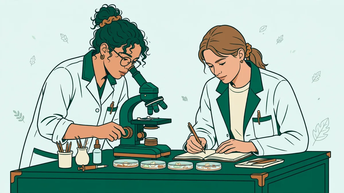 Deux étudiantes en blouse devant un microscope et des boîtes de culture, l'une réglant la mise au point pendant que l'autre prend des notes.