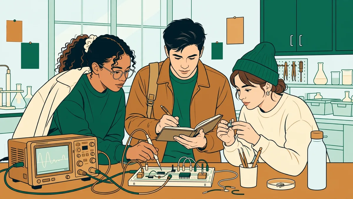 Trois étudiants en licence autour d'une paillasse mesurent un signal sur un oscilloscope pendant un TP de physique appliquée à la santé.