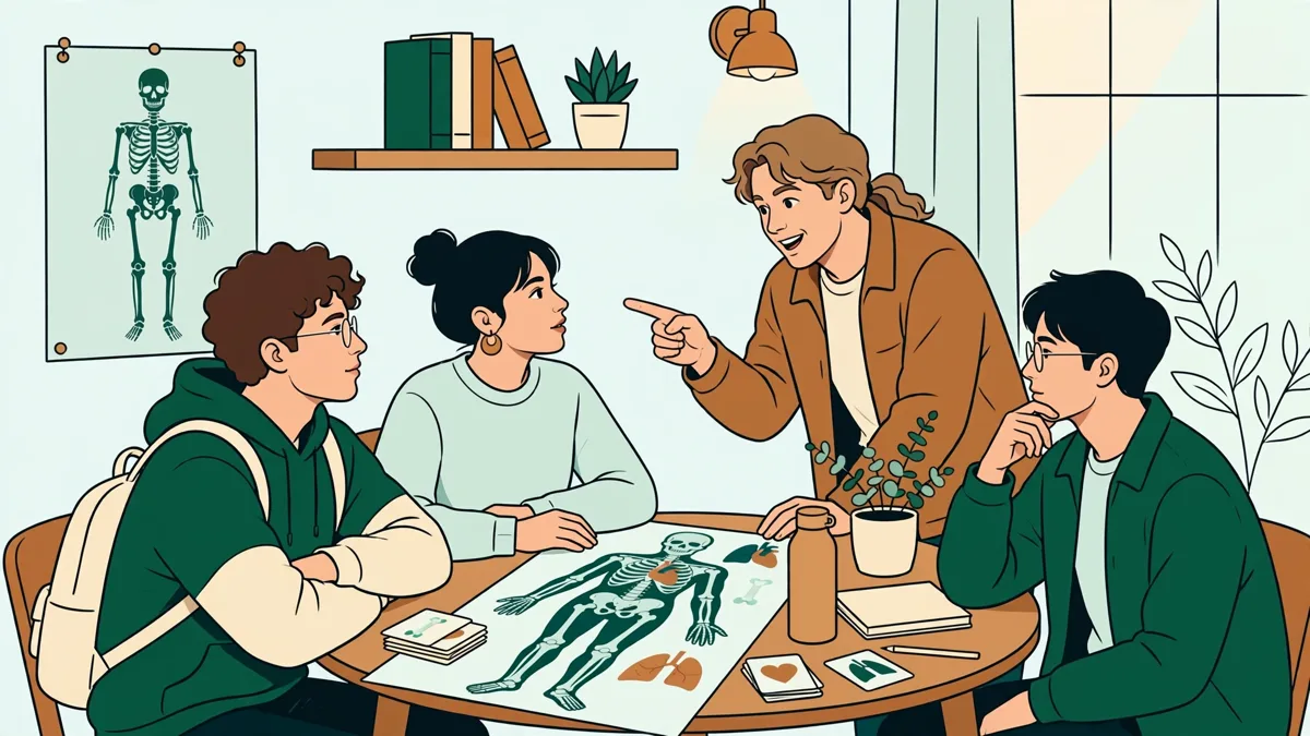 Quatre étudiants en petit groupe révisent la mineure santé autour d'une table avec schémas et fiches.