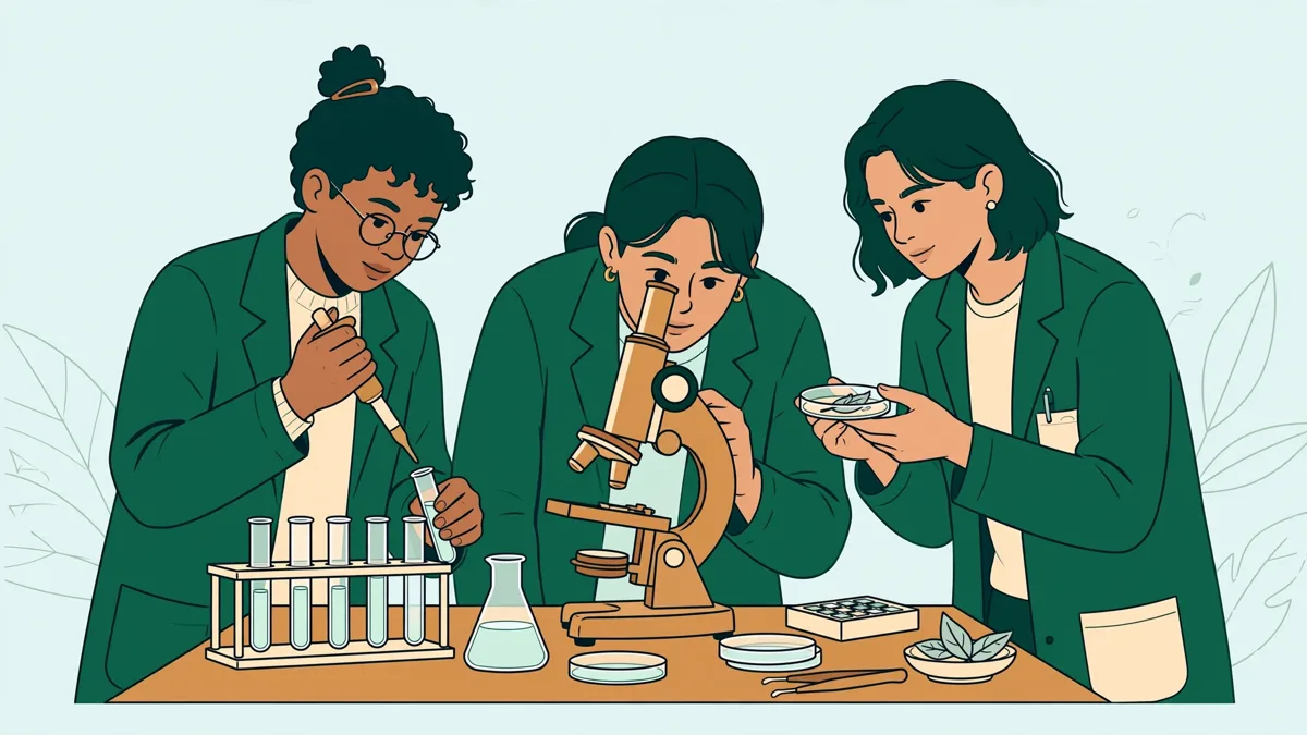 Trois étudiants en blouse autour d'une paillasse qui manipulent des pipettes et observent des lames au microscope.