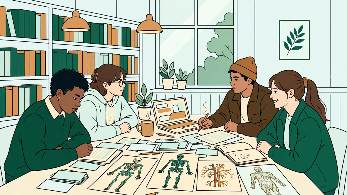 Quatre étudiants autour d'une table de bibliothèque avec fiches, schémas d'anatomie et ordinateur portable.