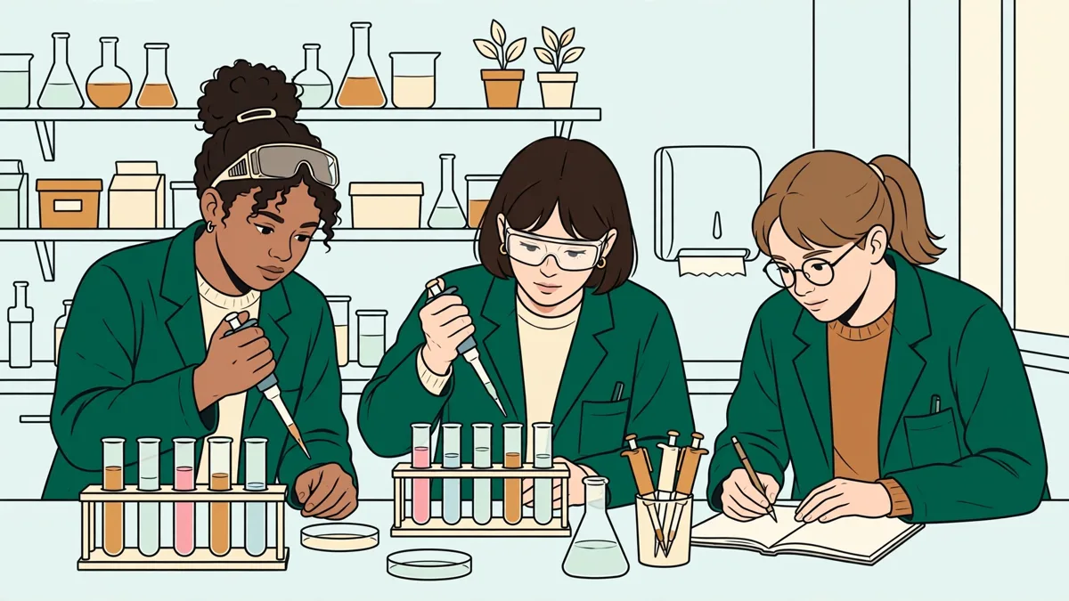 Trois étudiants en blouse autour d'une paillasse qui pipettent des tubes colorés et notent leurs observations.