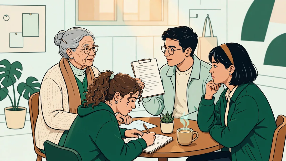 Illustration dessinée : trois étudiants interrogent une personne âgée autour d'une petite table dans une maison de quartier, l'une prend des notes, un autre tient un questionnaire.