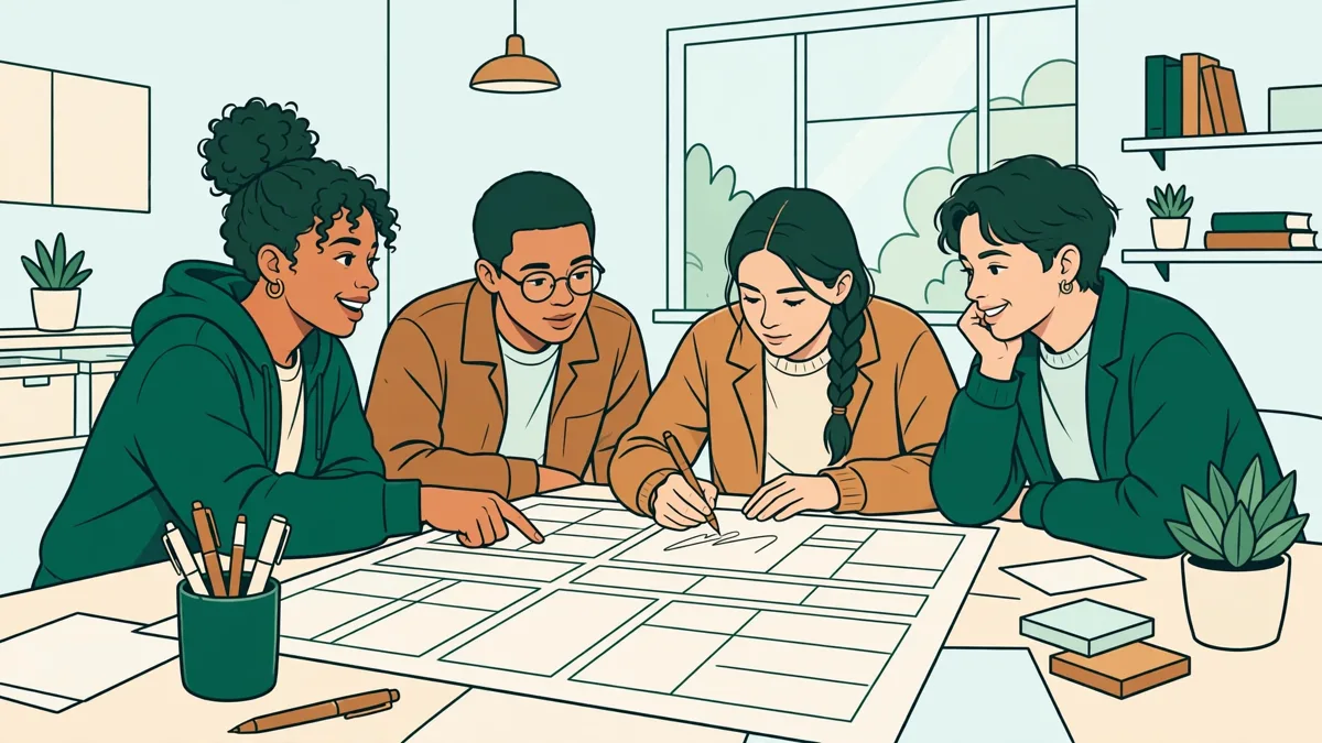 Illustration dessinée : quatre étudiants autour d'une table lumineuse organisent un faux planning de service sur de grandes feuilles, l'une pointe, un autre écrit.