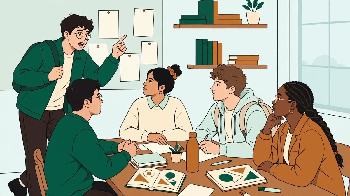 Étudiants assis autour d'une table qui débattent avec des notes et des livres ouverts devant eux