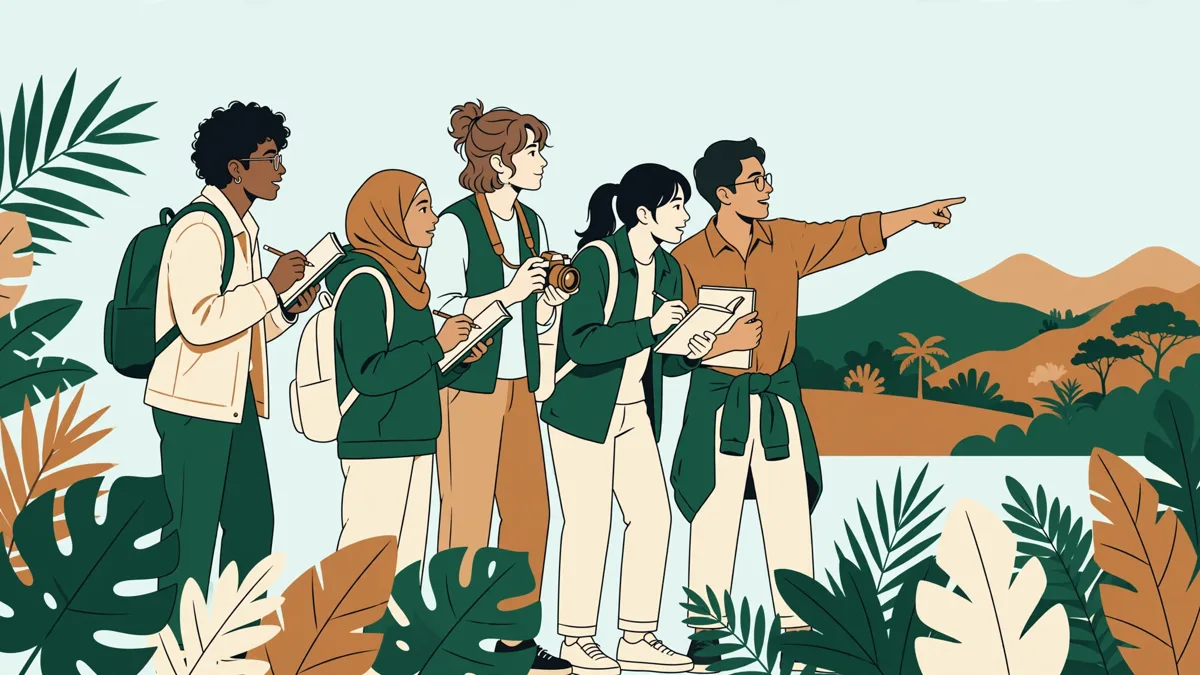Petit groupe d'étudiants en plein air qui observent un milieu littoral et prennent des notes sur leurs carnets