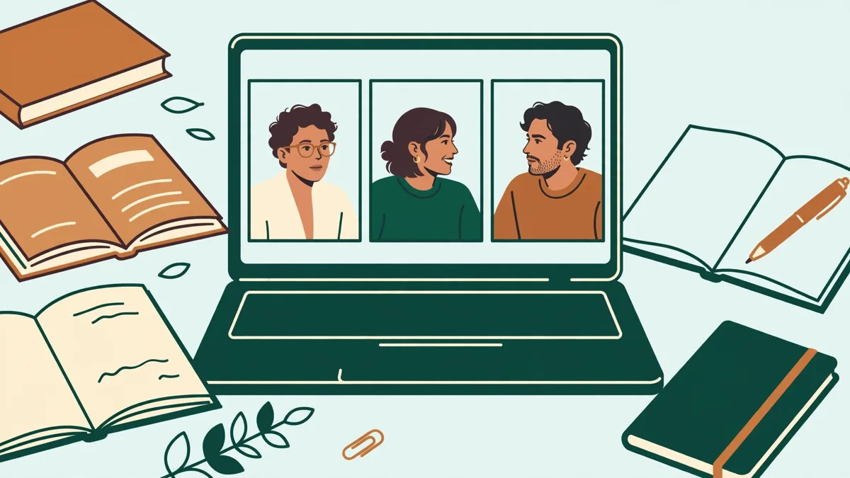 Trois étudiants en visioconférence sur un écran d'ordinateur, chacun avec des livres ouverts, en train de débattre d'un texte.