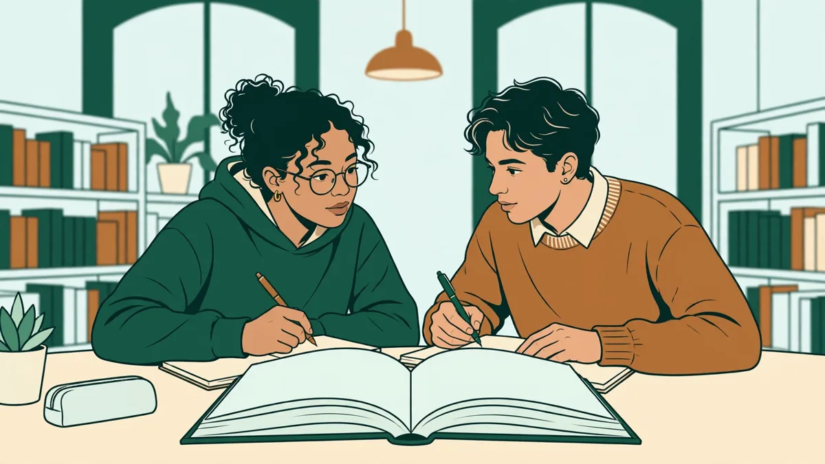 Une étudiante et un étudiant qui comparent deux gros livres ouverts et prennent des notes dans une salle de bibliothèque lumineuse.