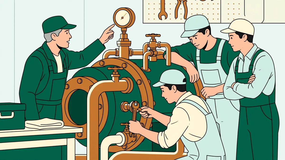 Petit groupe d'élèves en combinaison autour d'un moteur de navire en atelier, un formateur montrant un manomètre pendant qu'une élève règle une vanne.