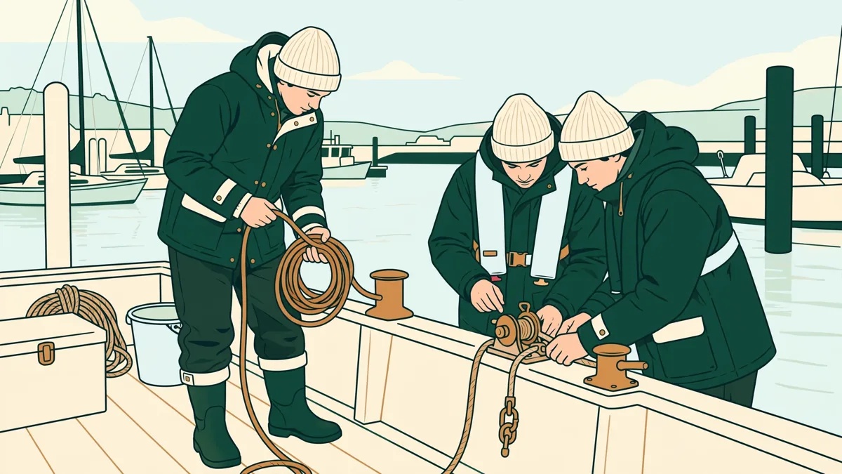 Élèves en cirés sur le pont d'un petit navire au port, l'un lovant un cordage pendant qu'une autre vérifie un équipement avec un camarade.