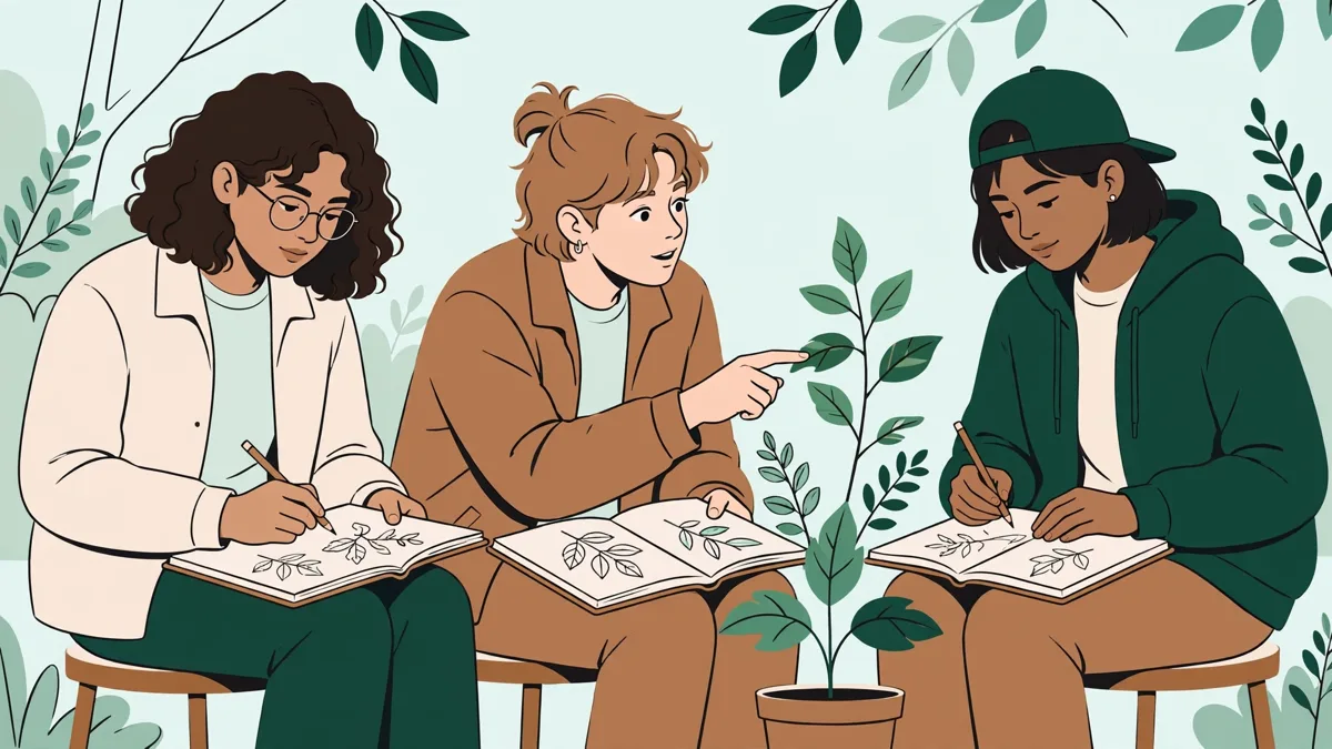 Trois étudiants assis sur des tabourets en plein air, carnets sur les genoux, en train de dessiner des massifs et des arbres