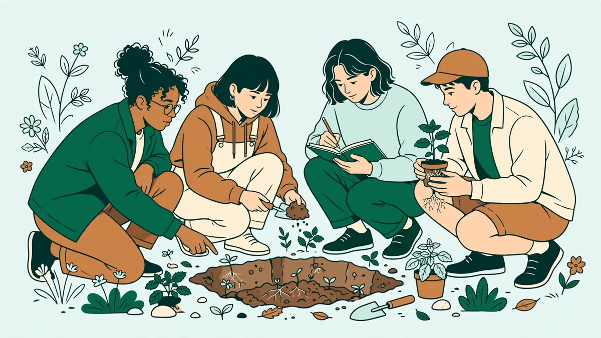 Quatre étudiants accroupis autour d'une fosse de sol dans un jardin, l'un tient une plante, un autre prend des notes