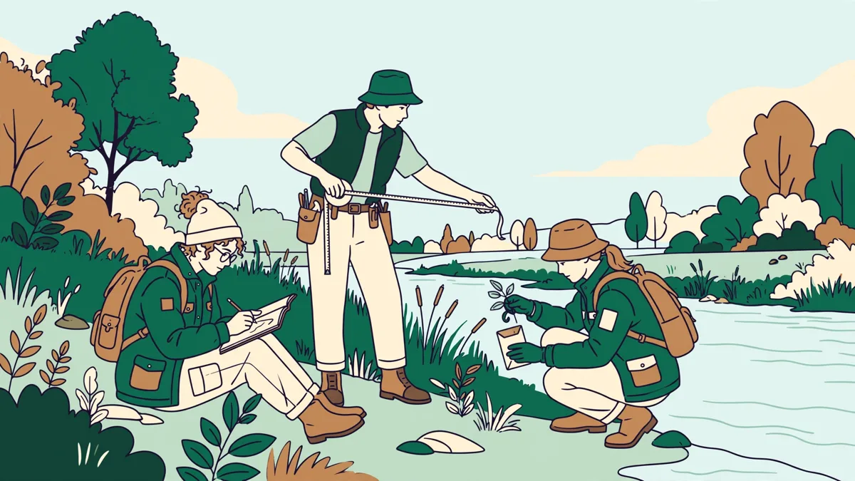 Illustration dessinée de trois étudiants en paysage en relevé sur une berge, avec carnets de croquis, mètre et échantillons de plantes