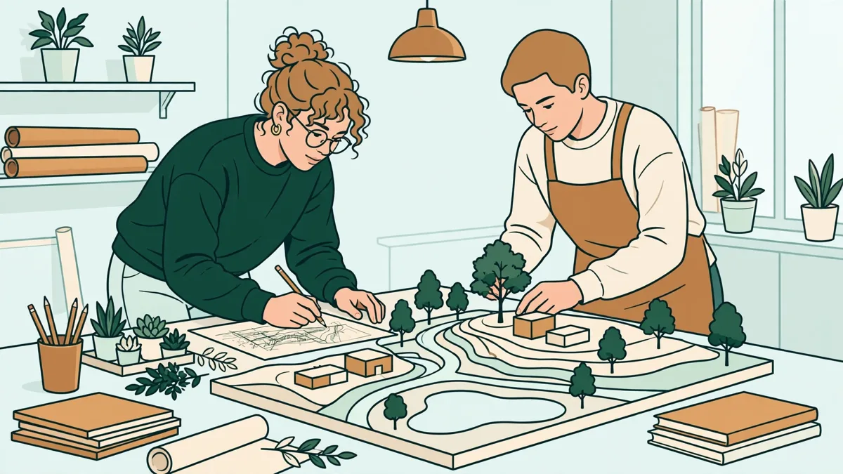 Illustration dessinée d'étudiants en paysage autour d'une grande maquette de site, avec plans, échantillons de végétaux et carnets de croquis