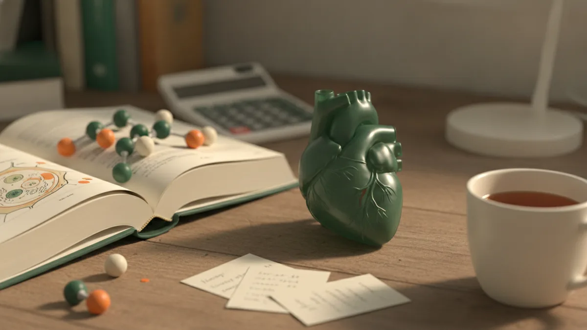 Illustration : sur un bureau, un modèle anatomique de cœur, un manuel de biologie ouvert sur un schéma de cellule, des boules de modèle moléculaire, une calculatrice et une tasse de thé.